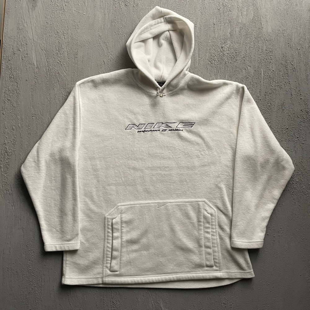 Vintage Nike Performance Athletics Fleece Hoodie Mens XXL Cream white 90s Nike